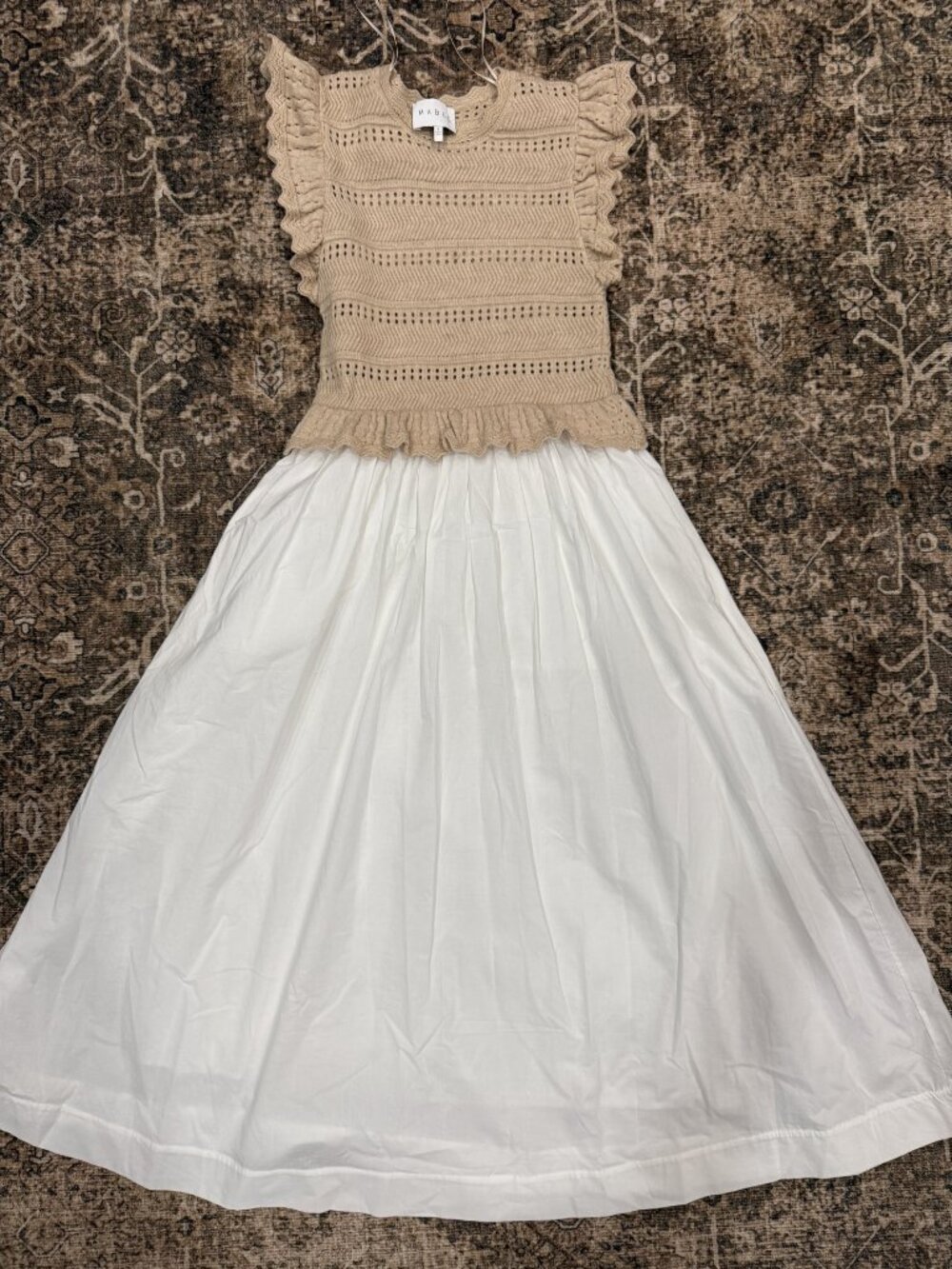 MABLE Tan Pointelle Knit Bodice White Poplin Midi Dress Size S